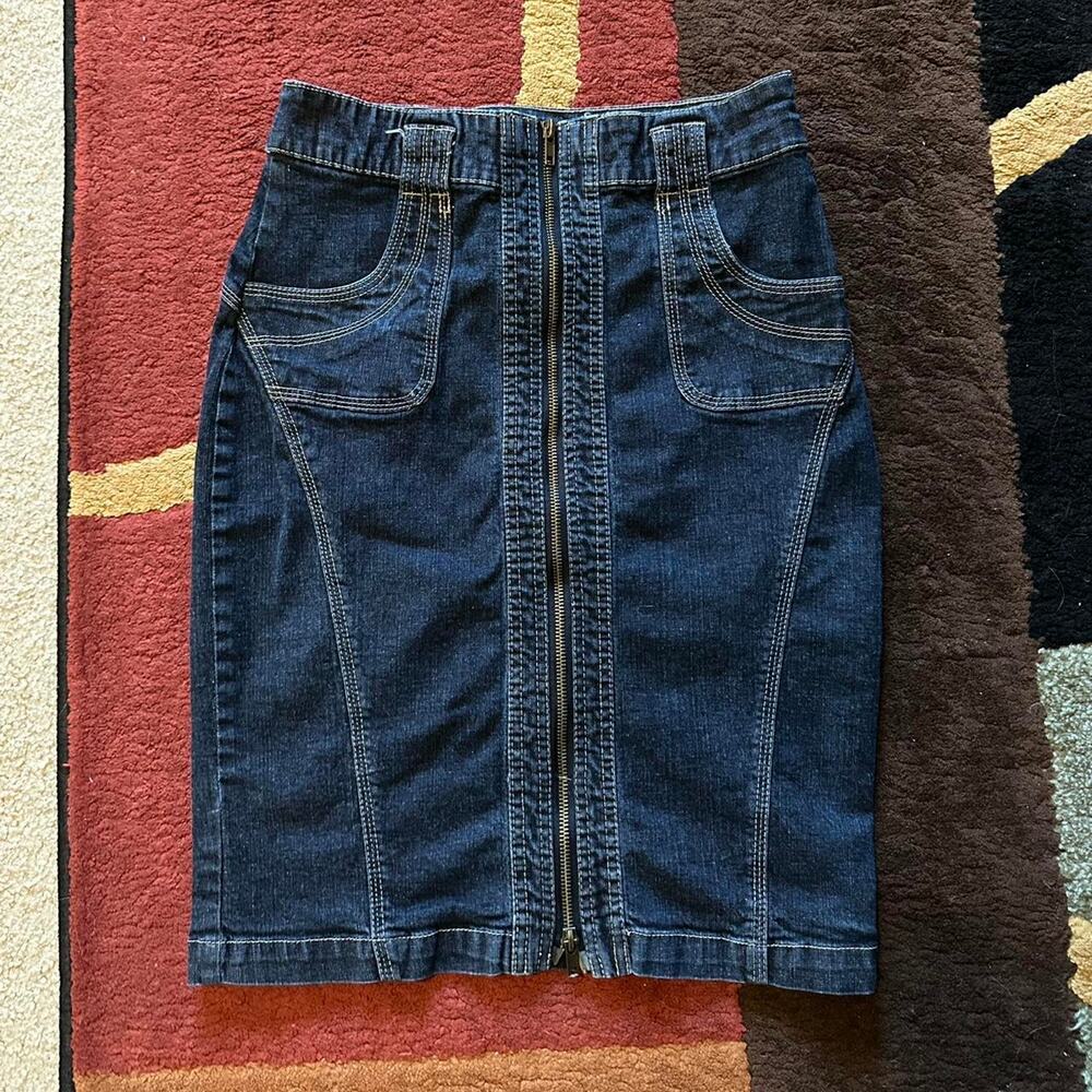 vintage y2k angel kiss dark wash unique denim mini skirt zipper detailing size 5